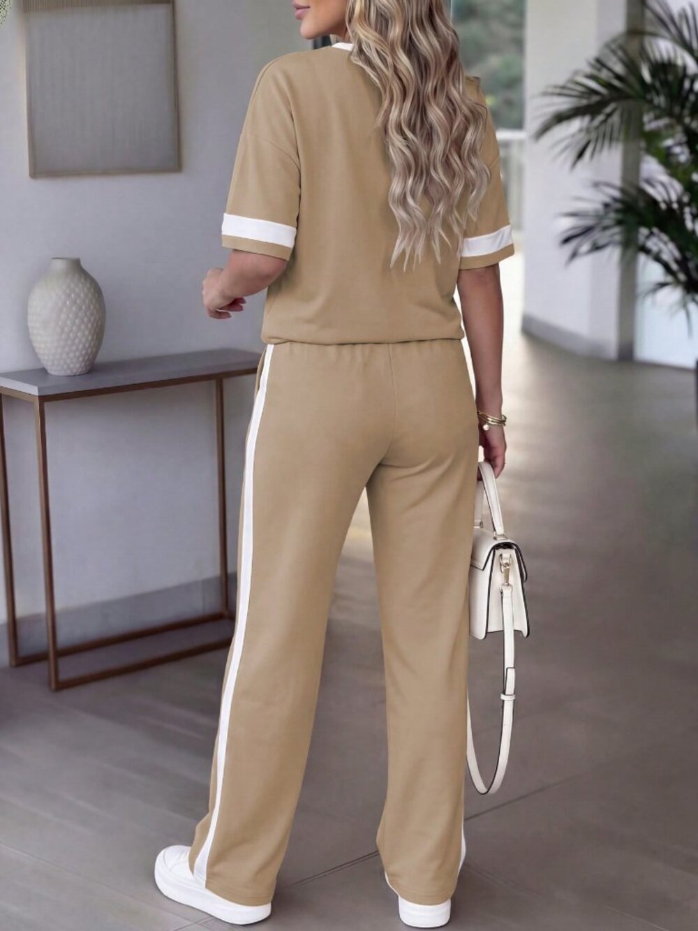 Khaki Casual Women's Short Sleeve Top & Pants Set - Picture 7 of 7